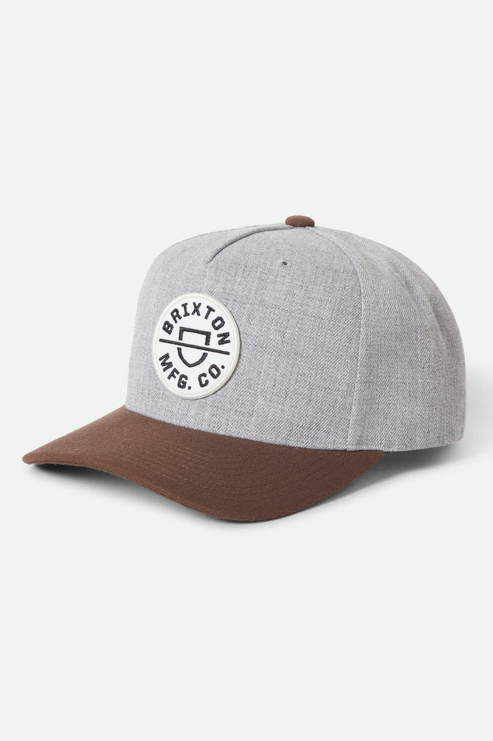 Unisex Crest Netplus Snapback in the color Heather Grey/Pinecone Brown - Front Product View
