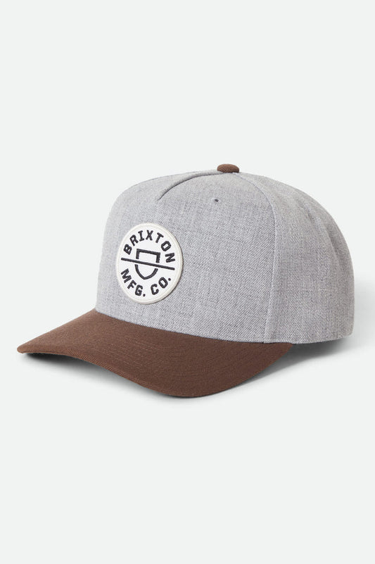 Unisex Crest Netplus Snapback in the color Heather Grey/Pinecone Brown - Front Product View