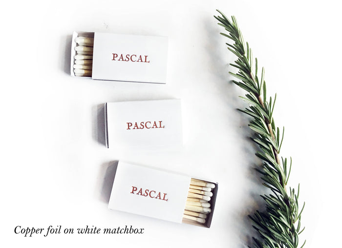 Custom Text Foil Embossed Matchbox: Terracotta on White
