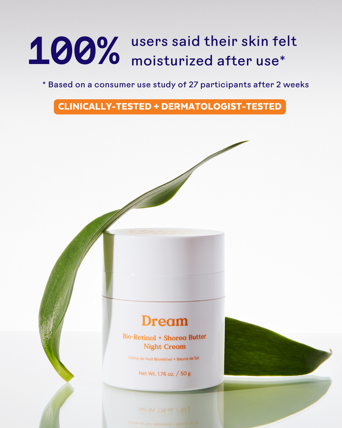 Dream Bio-Retinol + Shorea Butter Rejuvenating Cream | Three Ships in a white jar surrounded by green leaves, highlighting 100% user satisfaction for moisturized skin after use.