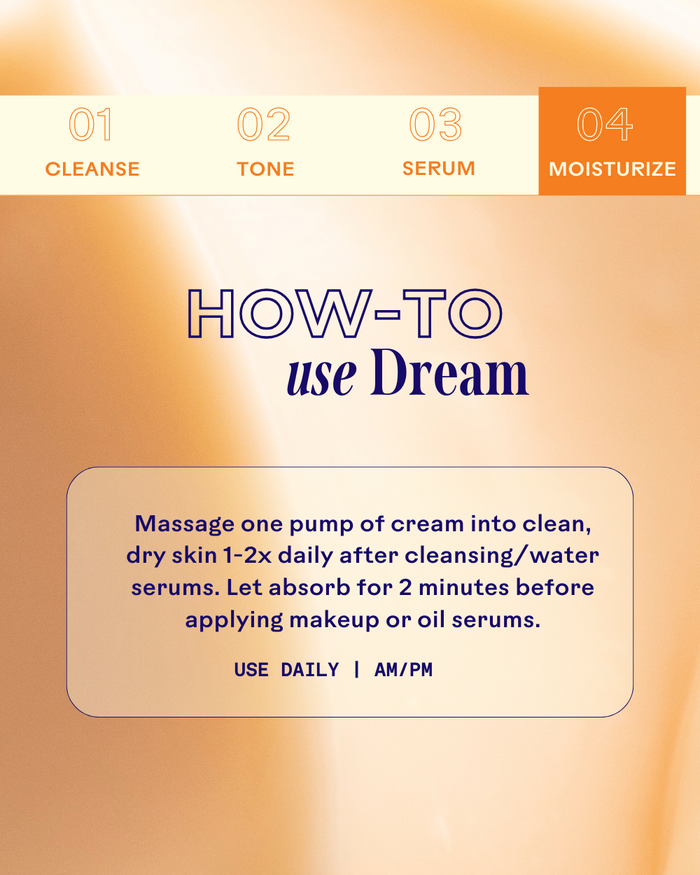 Instructional graphic showing step 4 Moisturize in a skincare routine, explaining how to use Dream Bio-Retinol + Shorea Butter Rejuvenating Cream | Three Ships by massaging one pump into clean, dry skin once or twice daily after cleansing and serums, with a wait time of 2 minutes before applying makeup or oil serums.