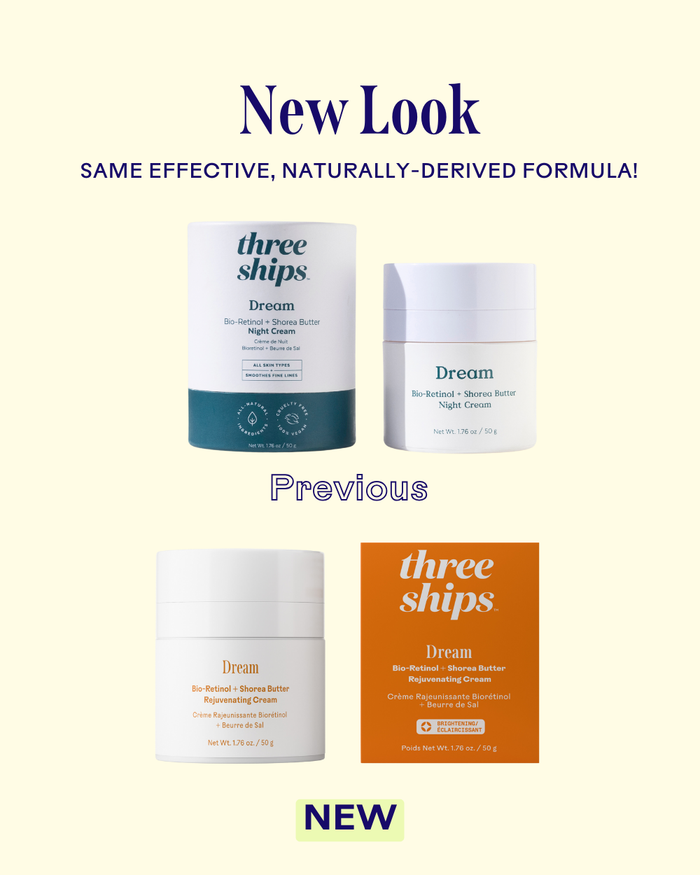 Comparison image showing the previous and new packaging designs for Dream Bio-Retinol + Shorea Butter Rejuvenating Cream | Three Ships, highlighting the same naturally-derived skincare formula.