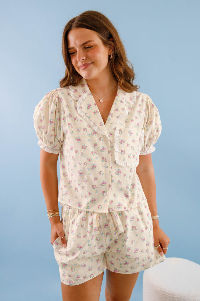 Women's Yellow Gingham Pajama Top- Floral Print Pajama Set- Women's Pajama Short Set