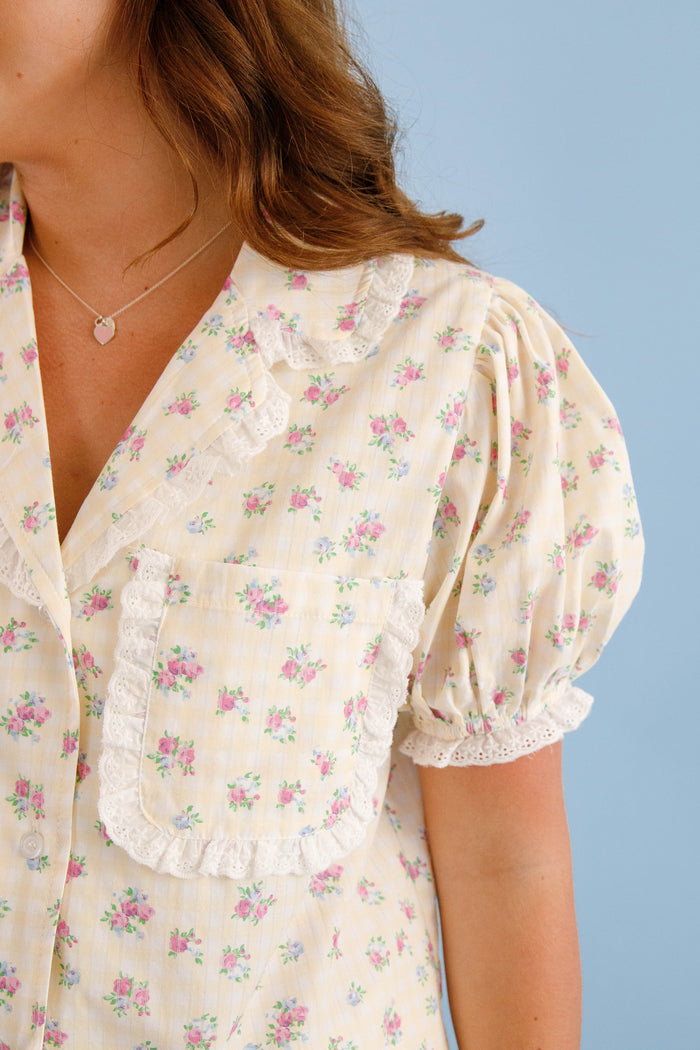 Women's Yellow Gingham Pajama Top- Floral Print Pajama Set- Women's Pajama Short Set