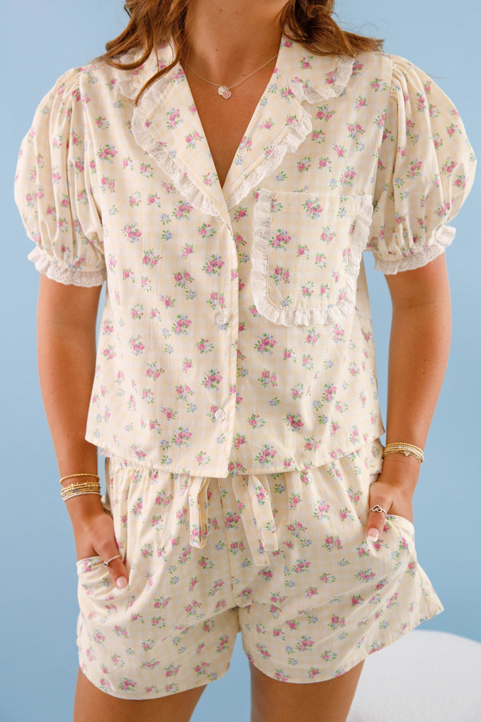 Women's Yellow Gingham Pajama Top- Floral Print Pajama Set- Women's Pajama Short Set