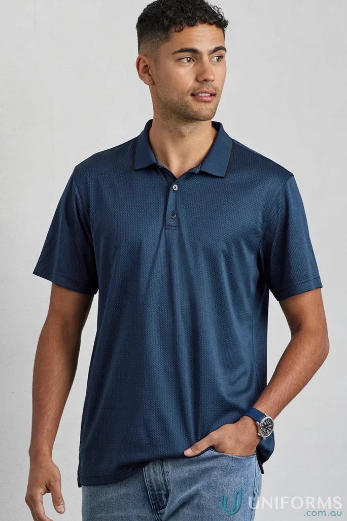 Navy blue Echo Polo shirt made from recycled polyester, perfect for workwear uniforms