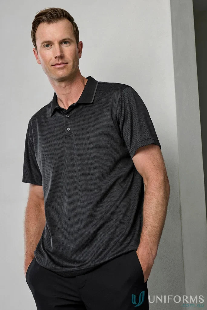 Man wearing Echo Polo workwear uniform made from recycled polyester