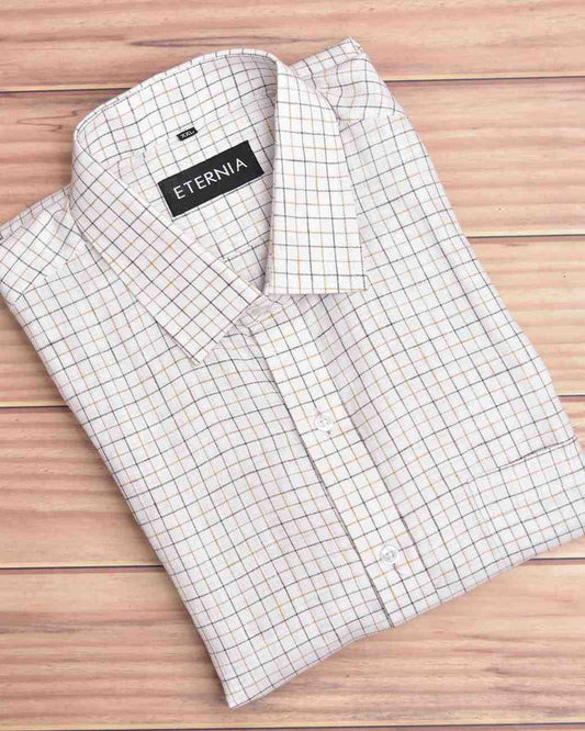 Men's linen shirt with white and light-blue check pattern, button-down collar
