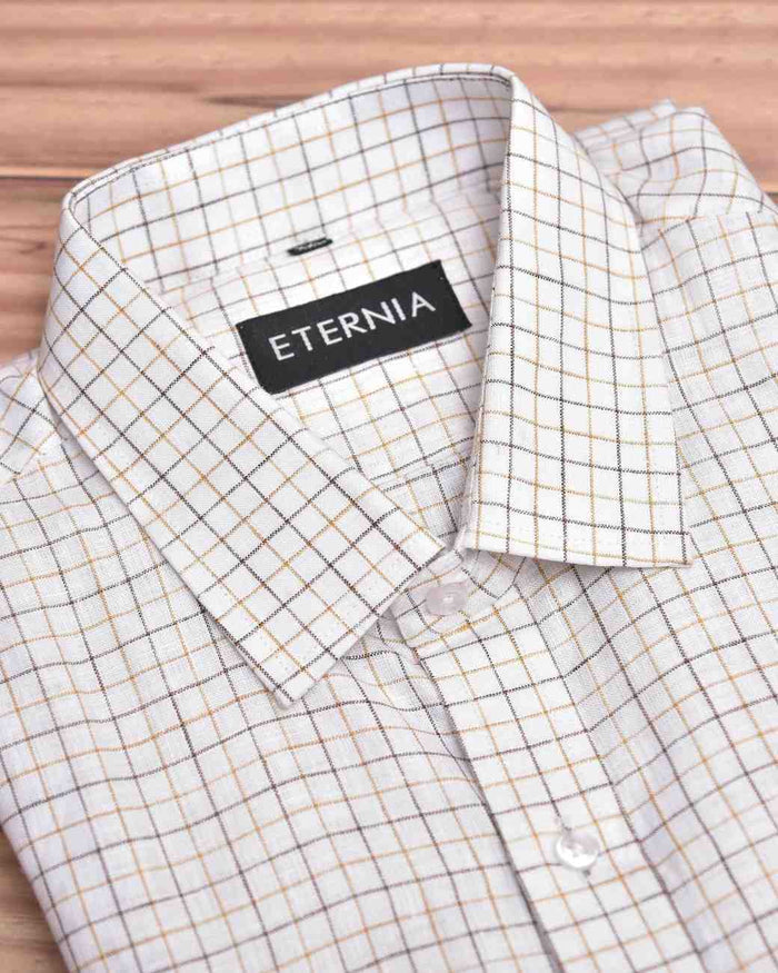 Men's linen shirt with white check grid, button front and folded collar detail