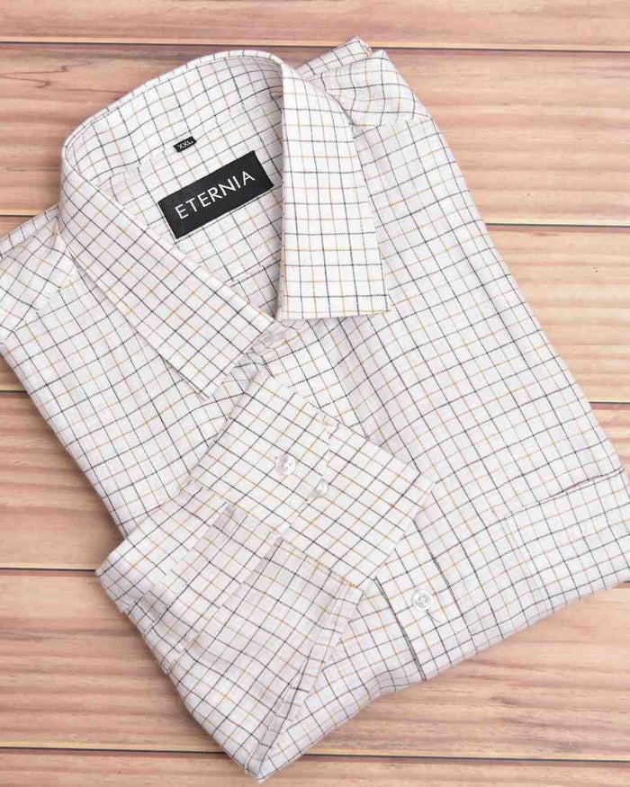 Men's linen shirt with check pattern and ETERNA chest label, buttoned placket