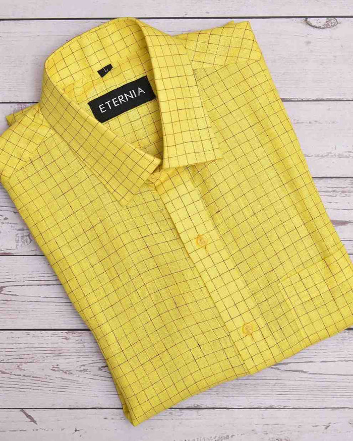 Yellow windowpane check men’s linen shirt with button front and spread collar