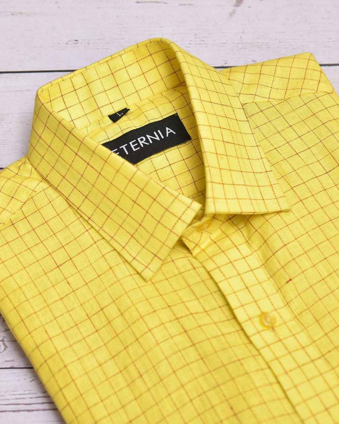 Yellow windowpane check linen shirt collar and button placket detail