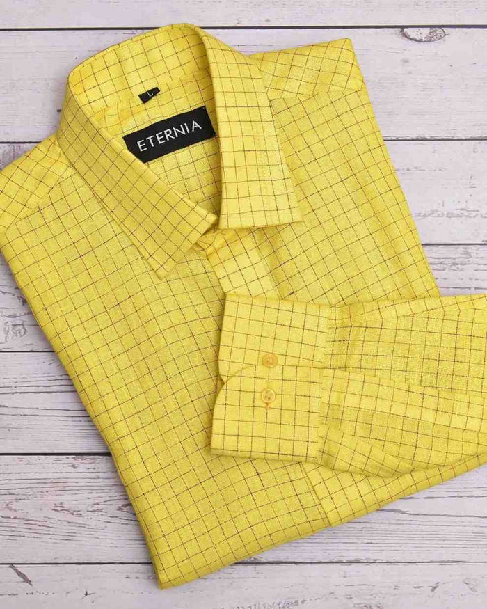 Yellow men’s linen shirt with windowpane checks, button cuffs, and open collar