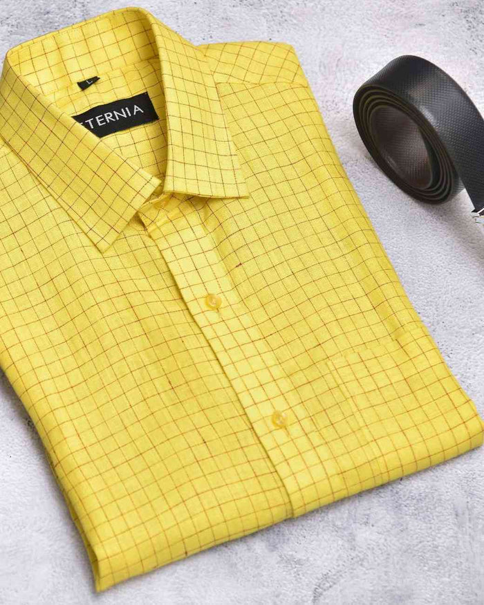 Yellow windowpane check men’s linen shirt with spread collar and visible buttons