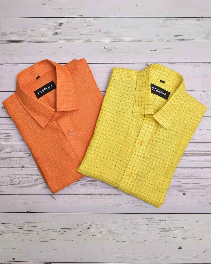 Men’s linen shirts in yellow and orange windowpane checks, with button fronts