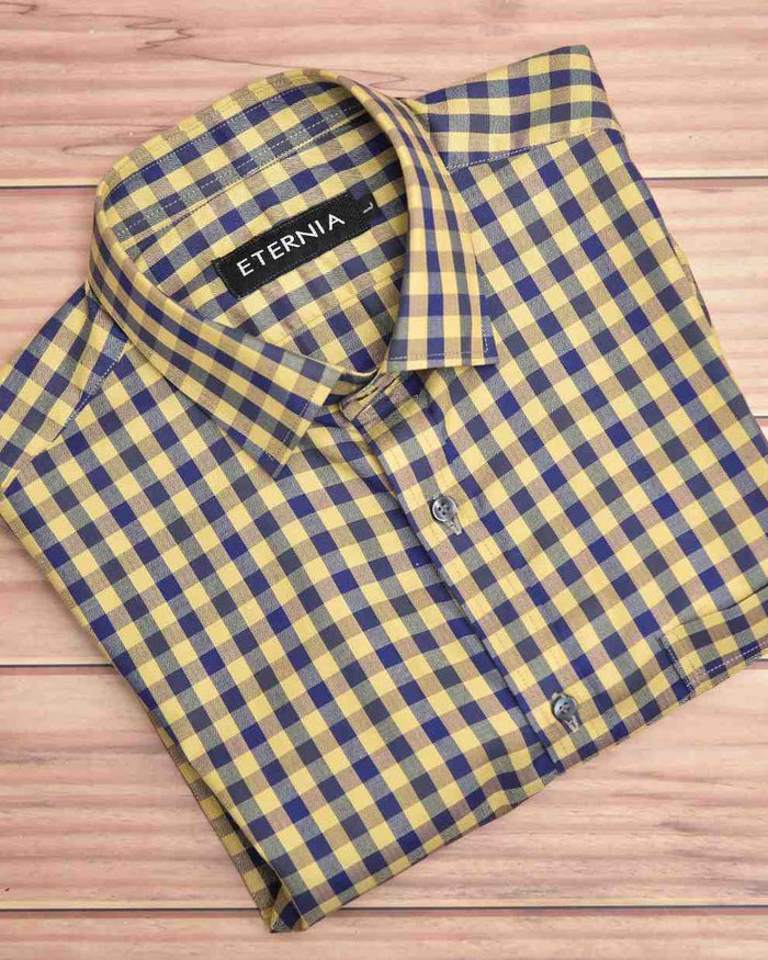 Men's yellow and blue check linen shirt, buttoned front and turn-down collar