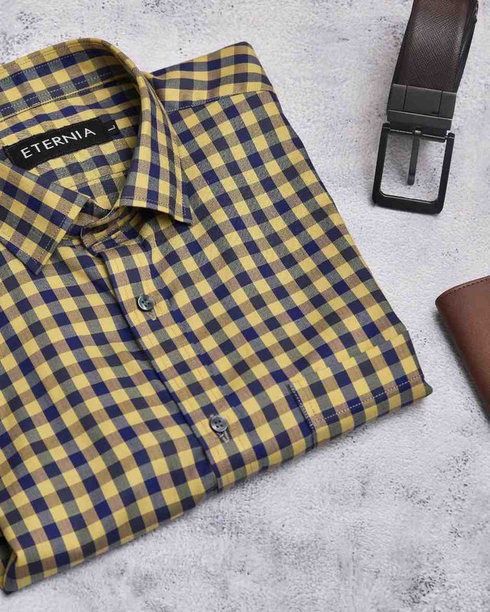 Men's yellow-and-blue check linen shirt with collar and small round buttons