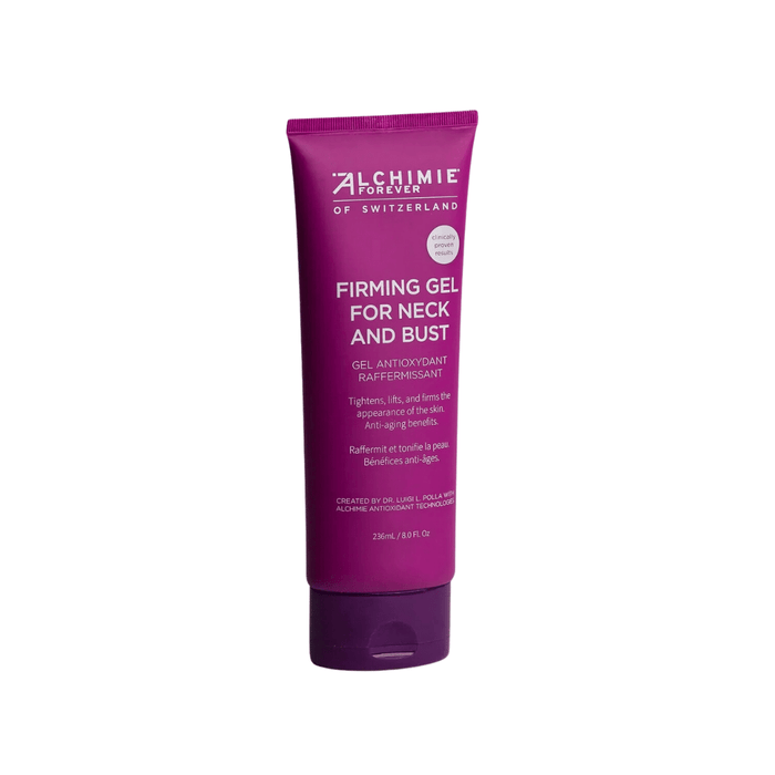 Firming Gel For Neck and Bust | Alchimie Forever in a purple tube, designed for skincare to tighten and lift the skin with antioxidant and anti-aging benefits.