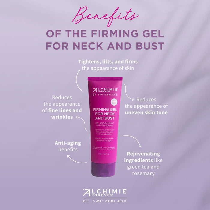 Purple tube of Firming Gel For Neck and Bust | Alchimie Forever on a lavender background with text highlighting benefits like tightening skin, reducing wrinkles, evening skin tone, and anti-aging effects.