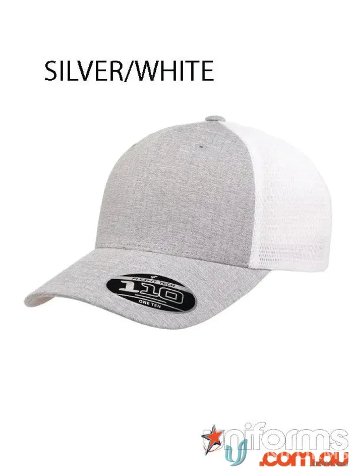Silver and white Flexfit Mesh Back Cap for branding, uniforms, and workwear styles