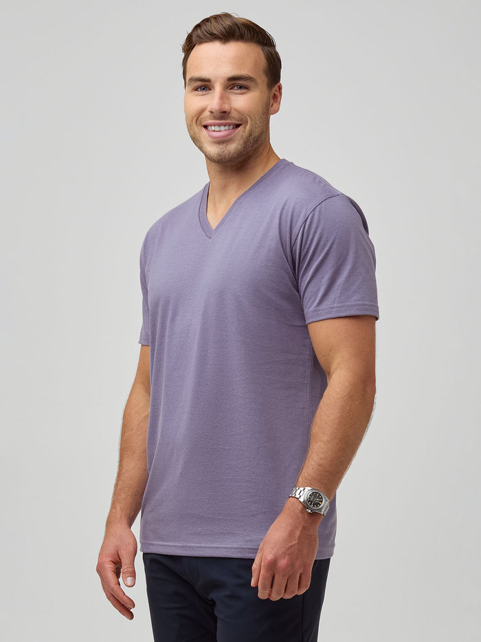 Jake is 5'11" and wears size M # V-Neck Shirts for Men | Limited Edition Flint Purple