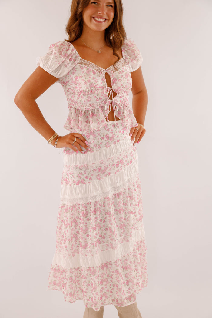 Pink Floral Lace Two Piece Set- Women's Ruffle Top Lace Set- PeachLove California