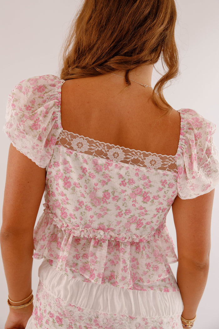Pink Floral Lace Two Piece Set- Women's Ruffle Top Lace Set- PeachLove California