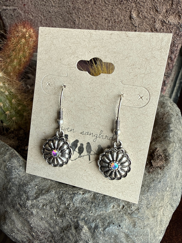 Silver-tone flower crystal fish hook earrings with rainbow center, pair