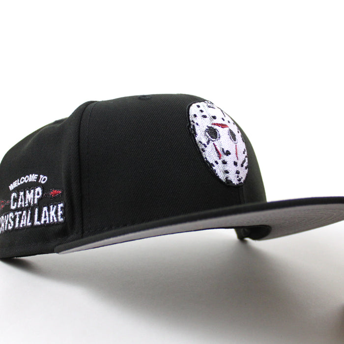 Friday the 13th Jason Head Camp Crystal Lake Patch New Era 59Fifty Fitted Hat (Black Gray Under Brim)