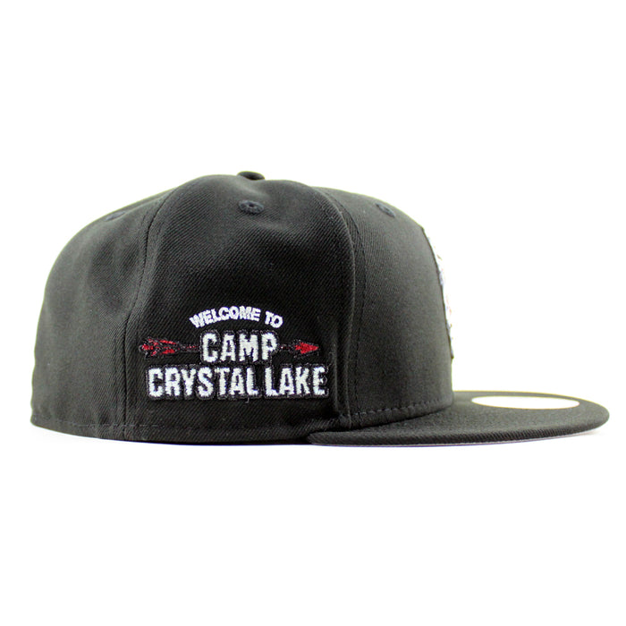 Friday the 13th Jason Head Camp Crystal Lake Patch New Era 59Fifty Fitted Hat (Black Gray Under Brim)