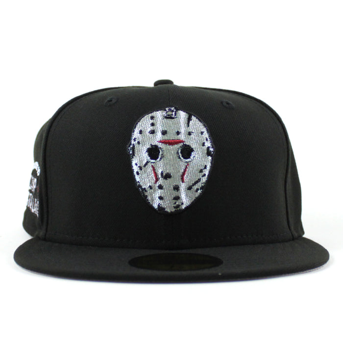 Friday the 13th Jason Head Camp Crystal Lake Patch New Era 59Fifty Fitted Hat (Black Gray Under Brim)