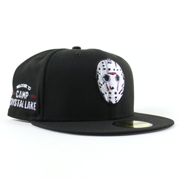 Friday the 13th Jason Head Camp Crystal Lake Patch New Era 59Fifty Fitted Hat (Black Gray Under Brim)
