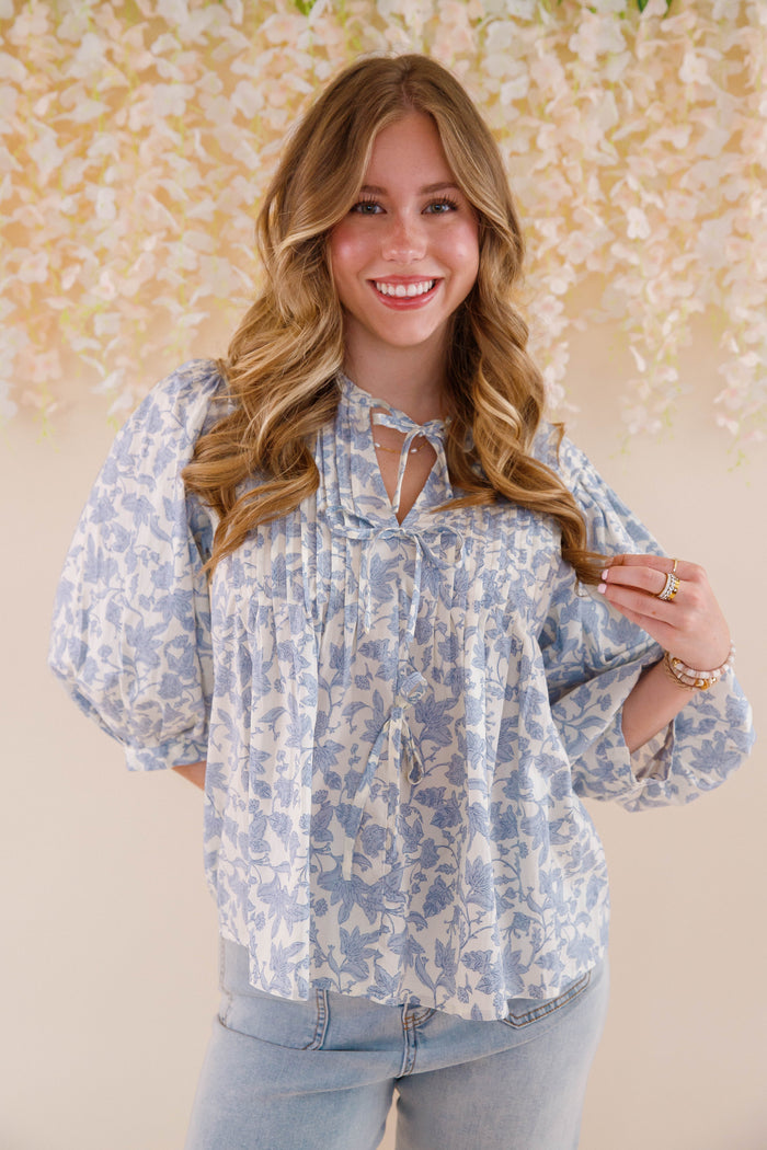 Blue Floral Print Cotton Top- Women's Cute Tops- Entro