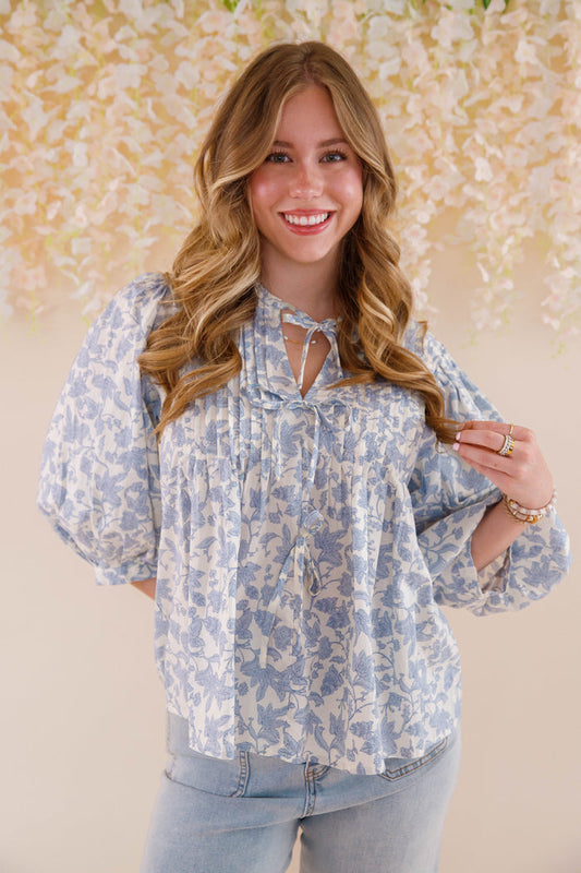 Blue Floral Print Cotton Top- Women's Cute Tops- Entro