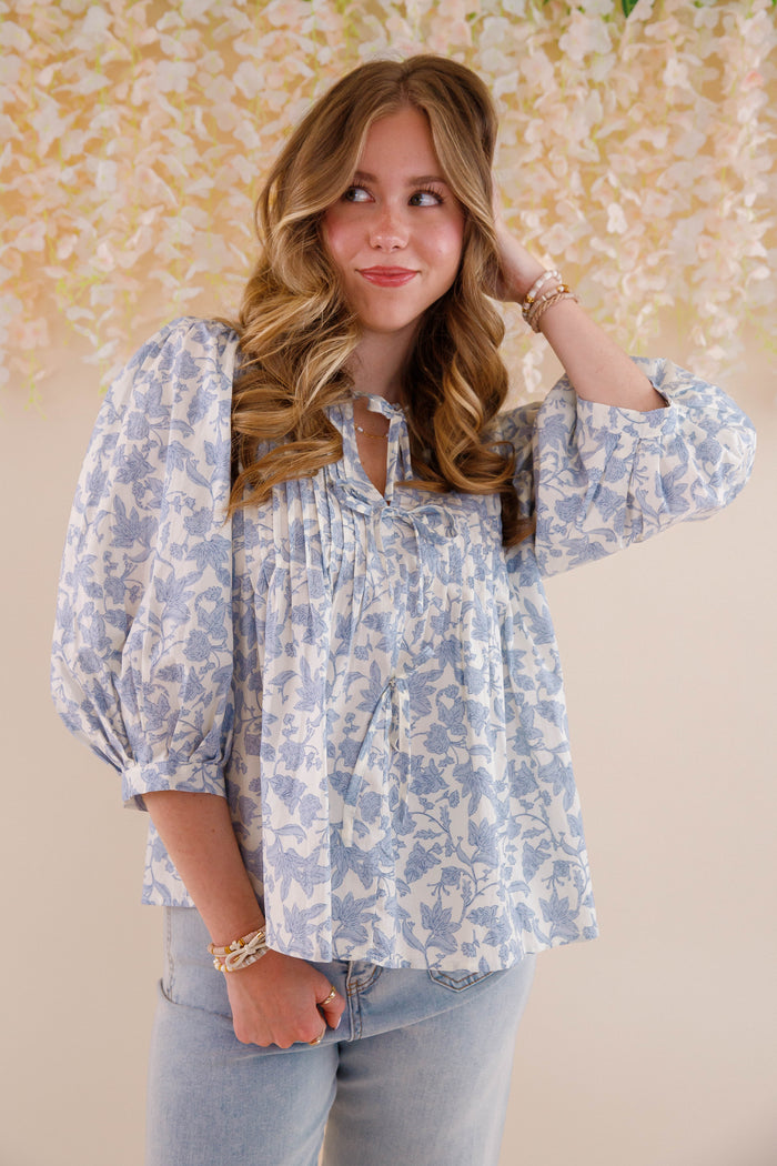 Blue Floral Print Cotton Top- Women's Cute Tops- Entro