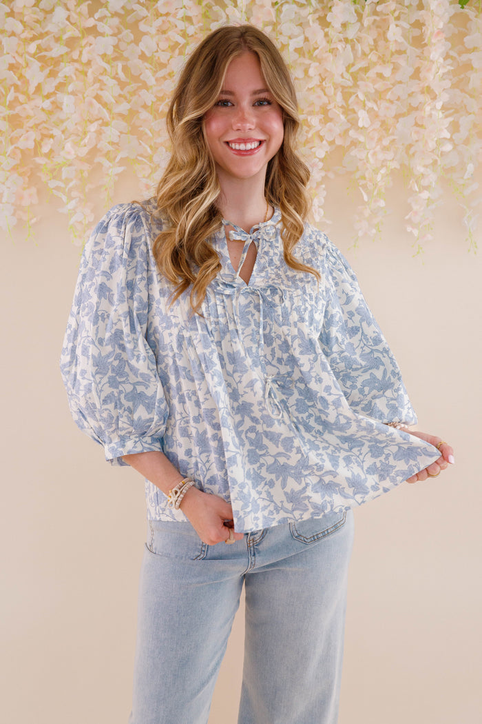 Blue Floral Print Cotton Top- Women's Cute Tops- Entro