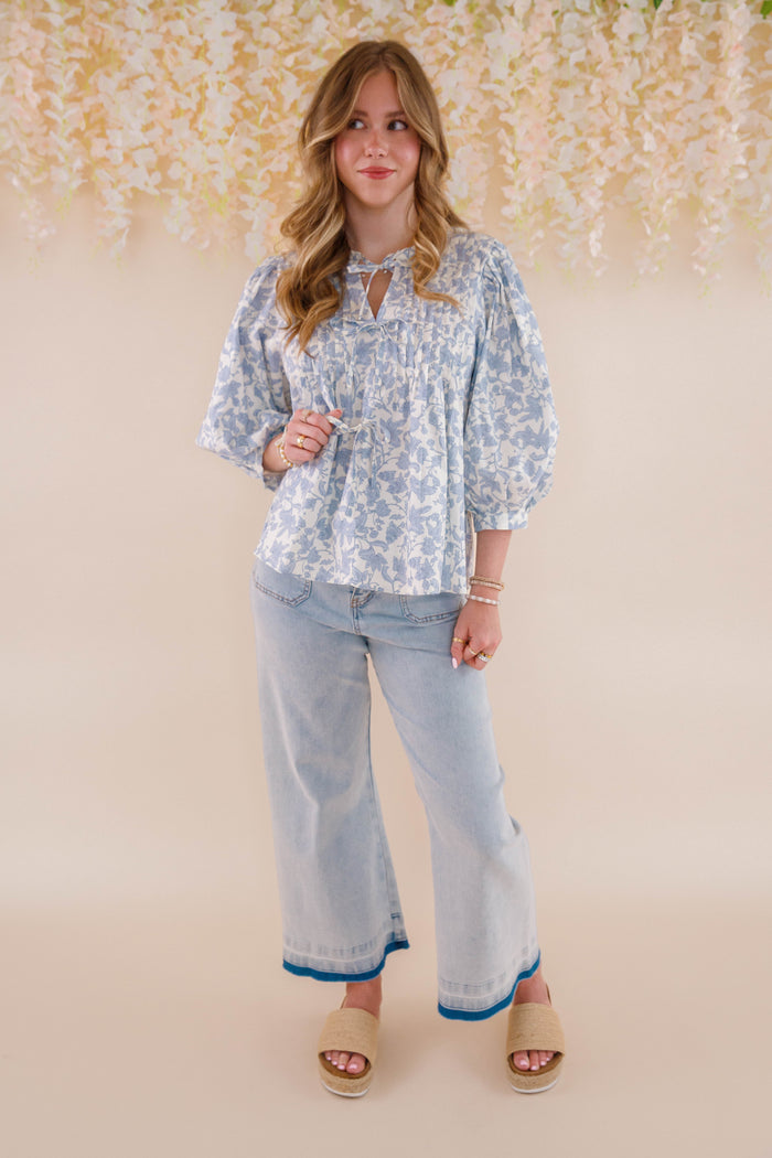 Blue Floral Print Cotton Top- Women's Cute Tops- Entro