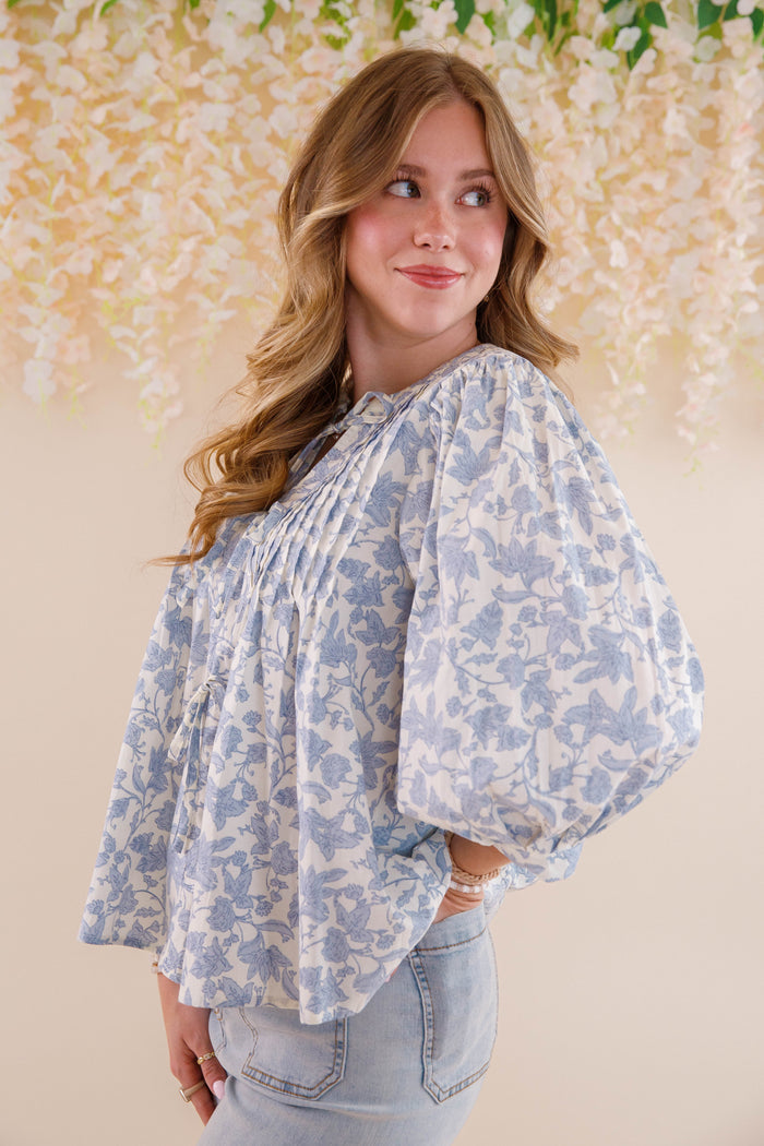 Blue Floral Print Cotton Top- Women's Cute Tops- Entro