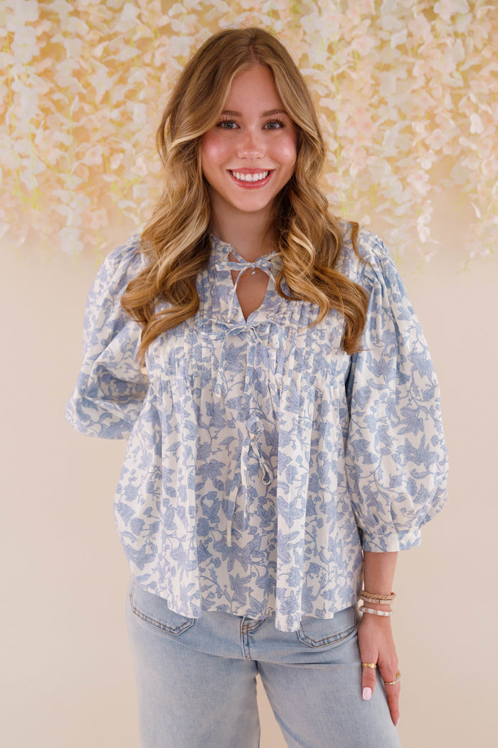 Blue Floral Print Cotton Top- Women's Cute Tops- Entro
