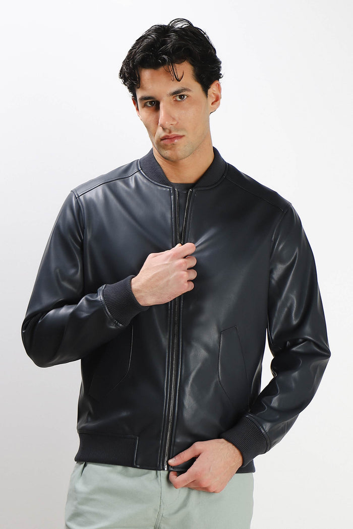 GIUBBOTTO BOMBER EFFETTO PELLE BLEU