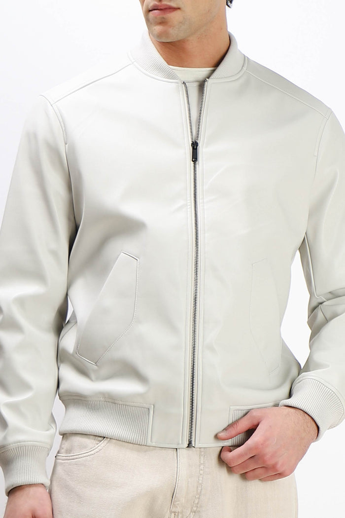 GIUBBOTTO BOMBER EFFETTO PELLE GRIGIO CHIARO