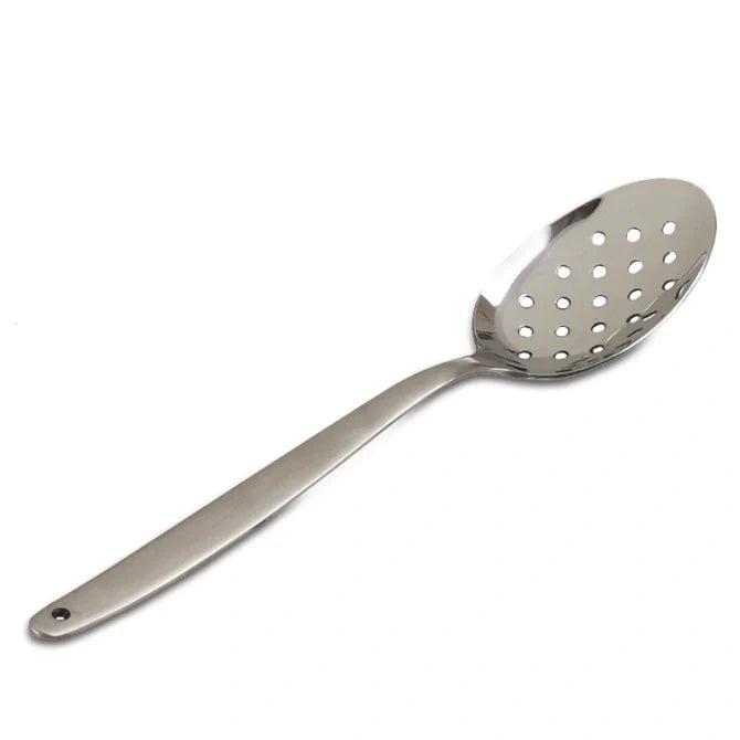 Silver Gray Kunz Perforated Spoon on white background.