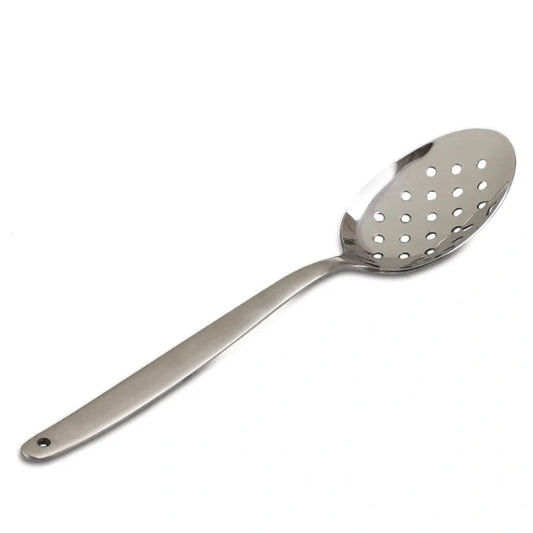 Silver Gray Kunz Perforated Spoon on white background.