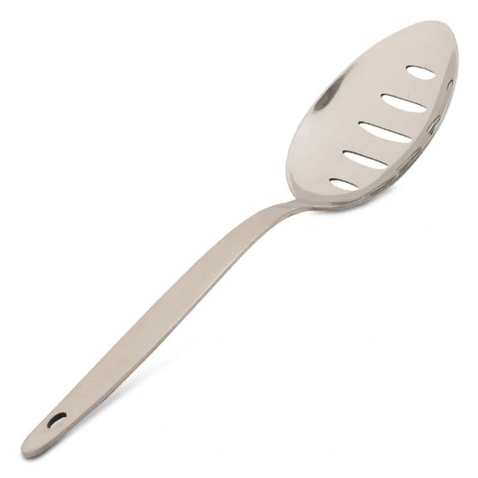 Silver Gray Kunz Slotted Spoon on white background.