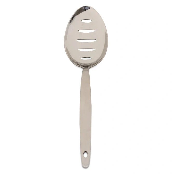 Silver Gray Kunz Slotted Spoon upright on white background.