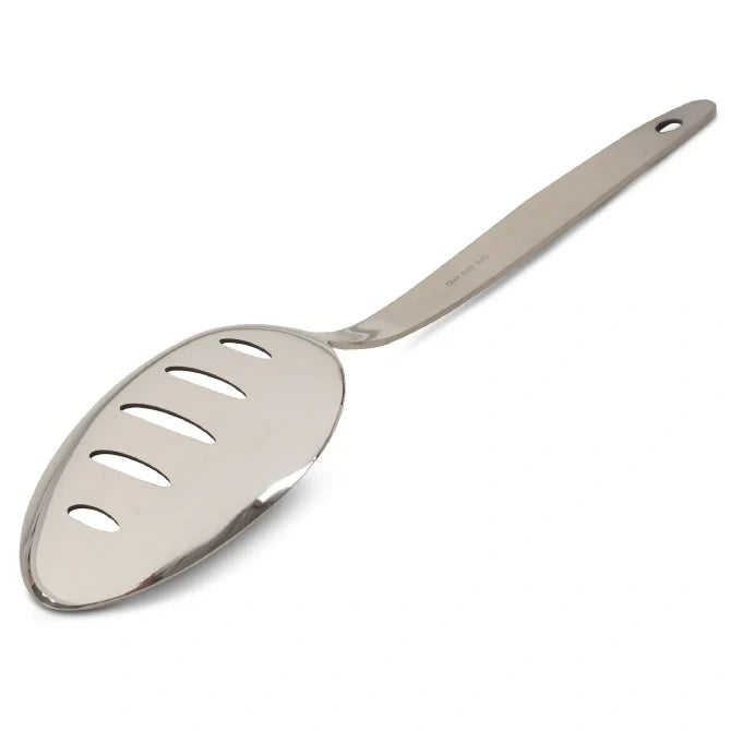 Silver Gray Kunz Slotted Spoon on white background.