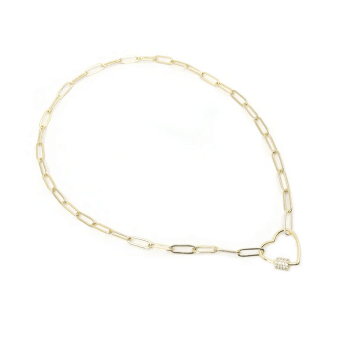 Heart Link Gold Paperclip Chain Necklace (18" / White Crystal Studded) | Love You More featuring a delicate heart-shaped clasp adorned with white crystals on a gold paperclip chain.