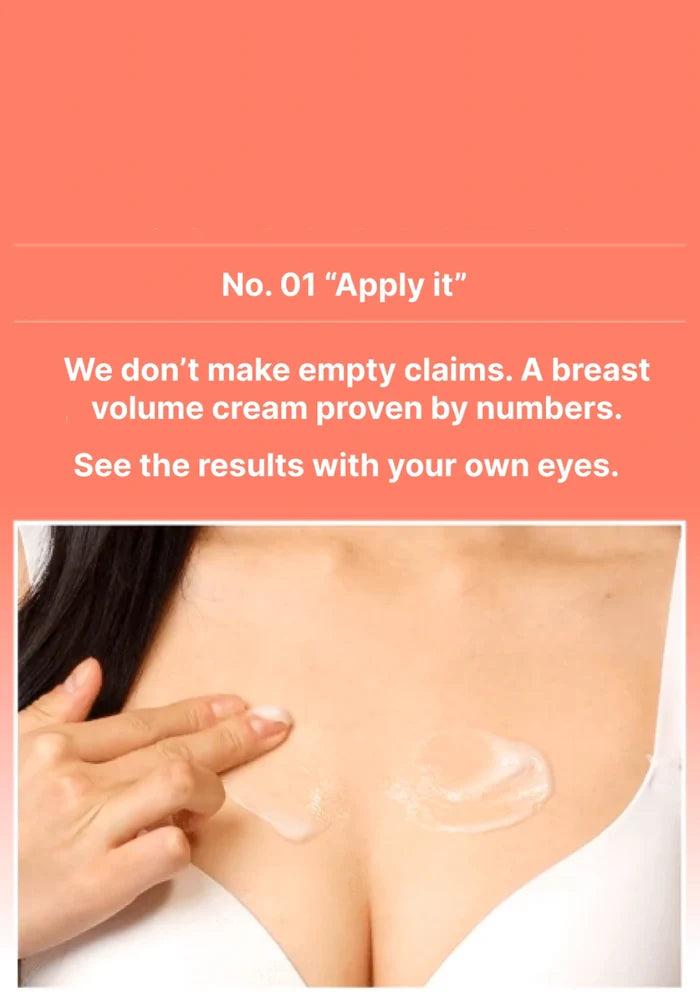 Person applying cream to their shoulder with text about breast volume cream proven by numbers.