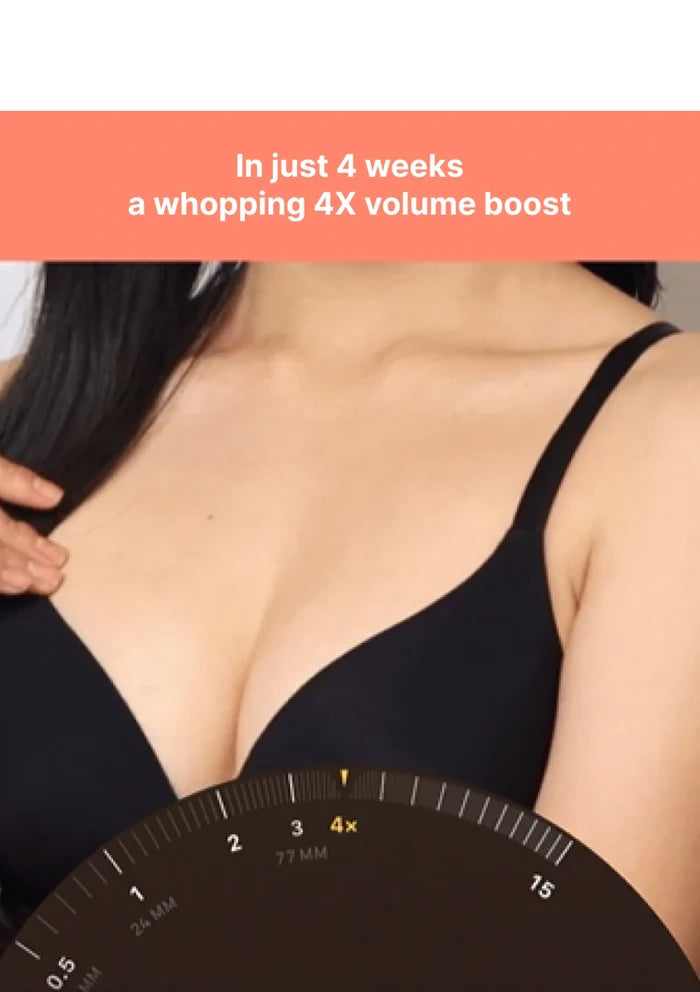 Woman wearing a black bra with a measurement gauge, text about volume boost in 4 weeks.