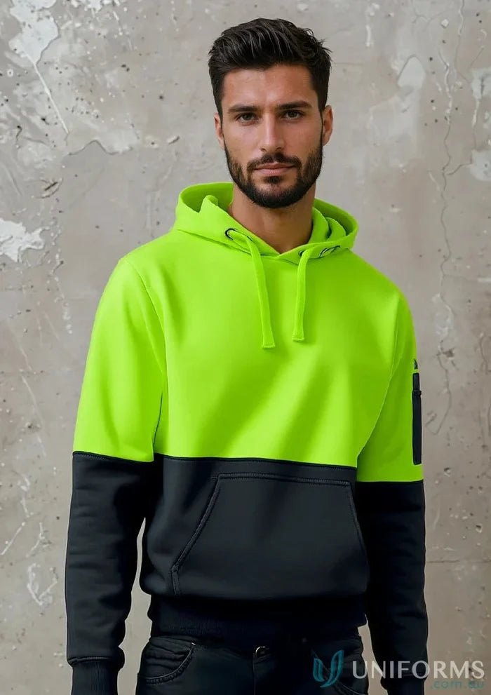 HiVis Pull Over Hoodie in neon green and black, perfect for 2xs to 7xl uniforms